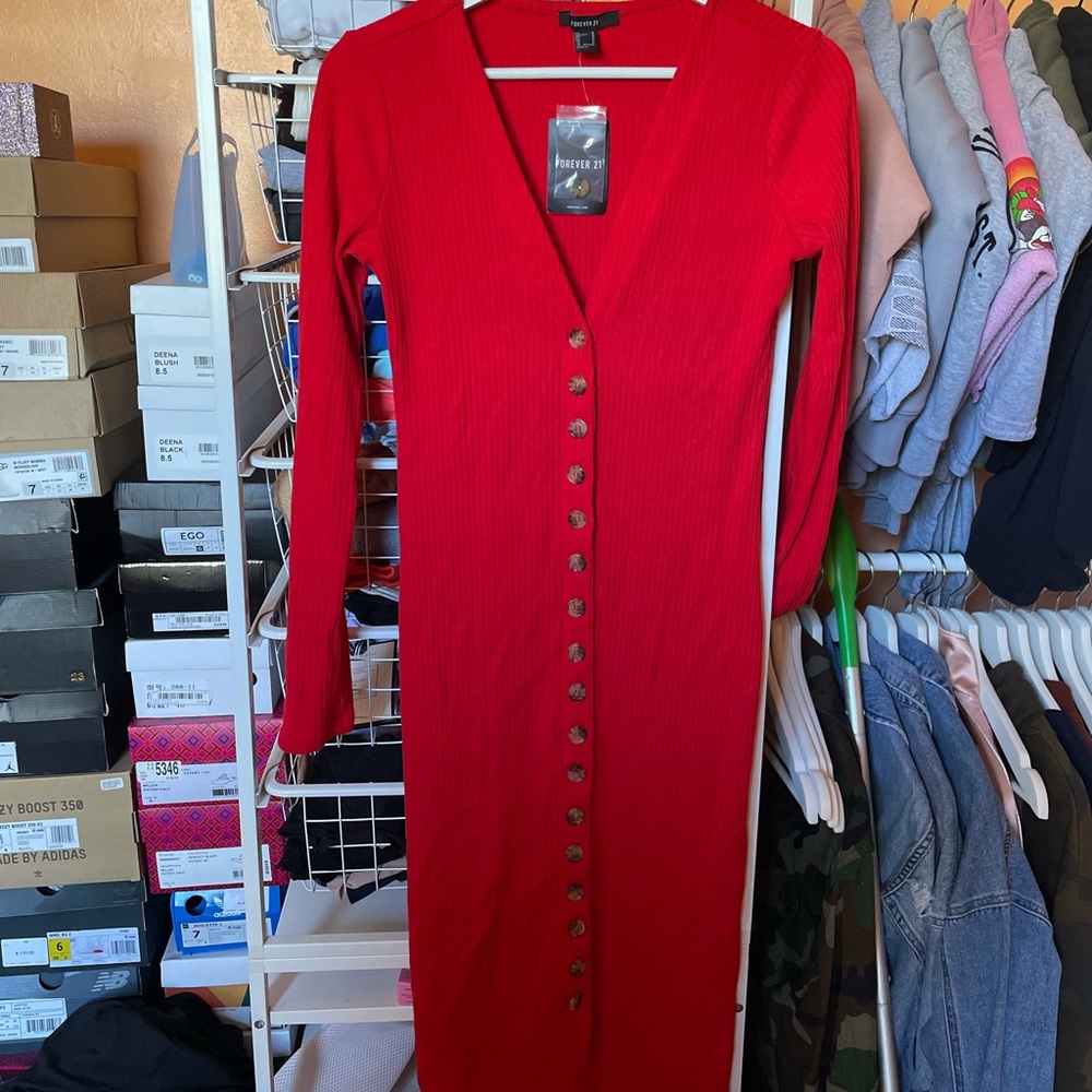 Red Button Front Bodycon Dress